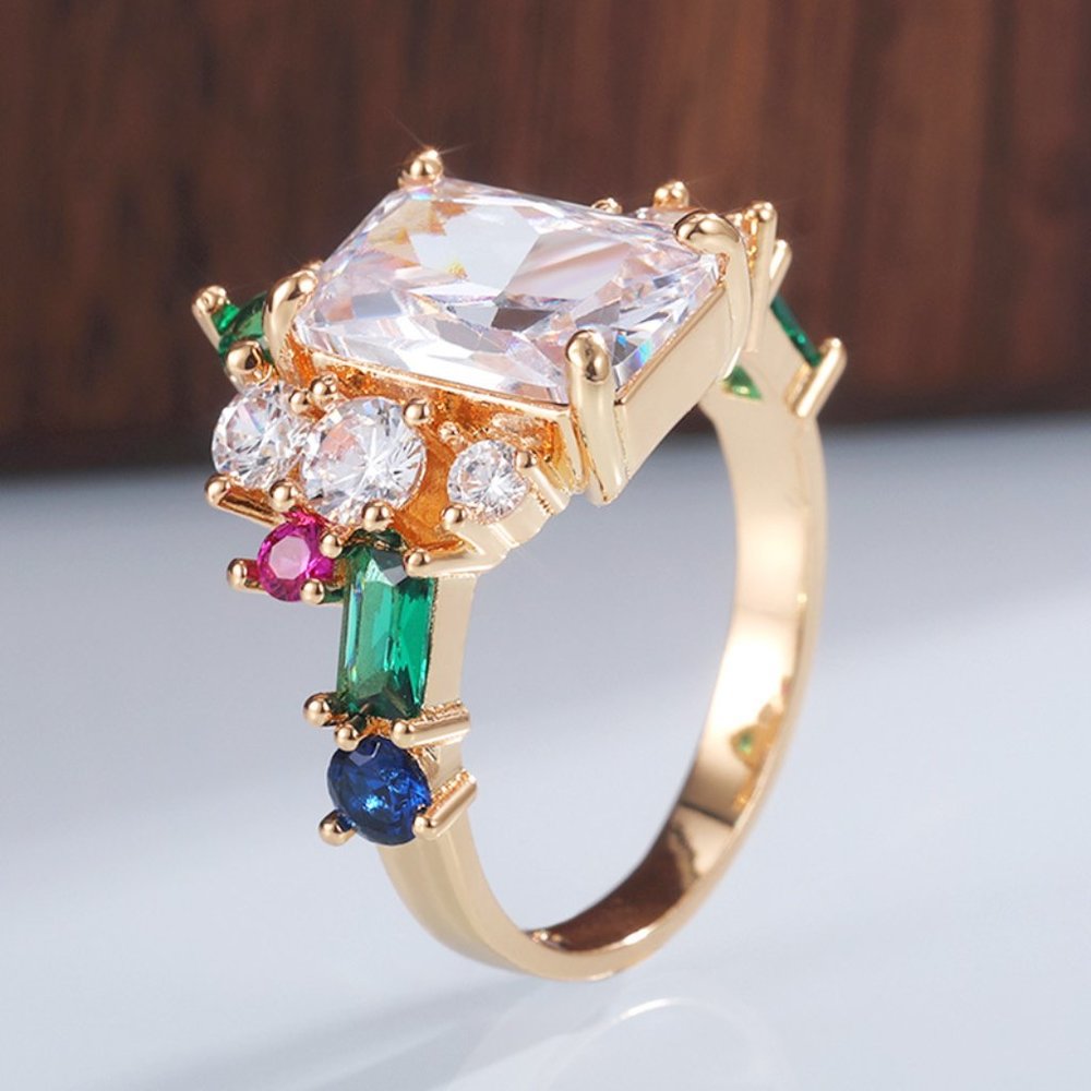 Trendy Colourful Gemstone Dainty Large Rectangle Gold Rings for Women, INDN8511 - Picture 2 of 3